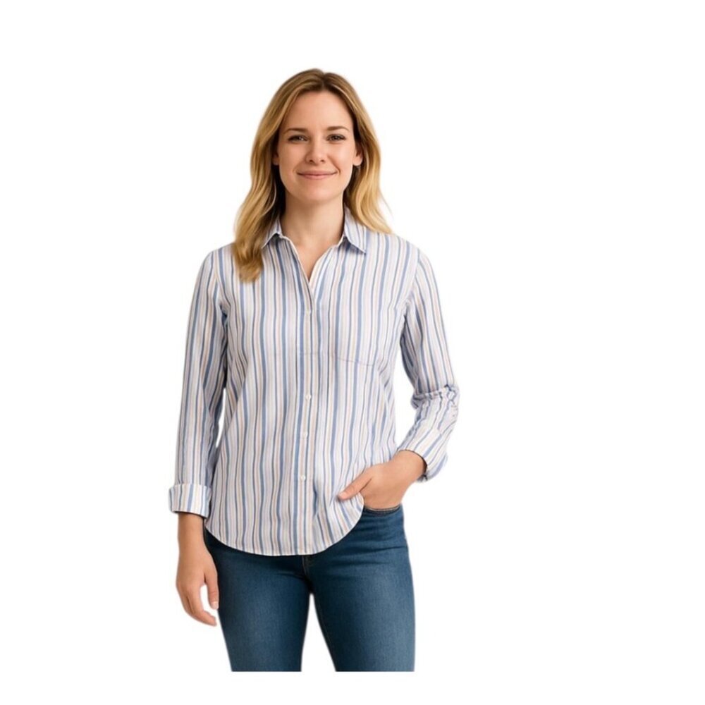 UNTUCKit Pinot Perse Womens Shirt~Size 2~Stripe Blue White Long Sleeve L14 41